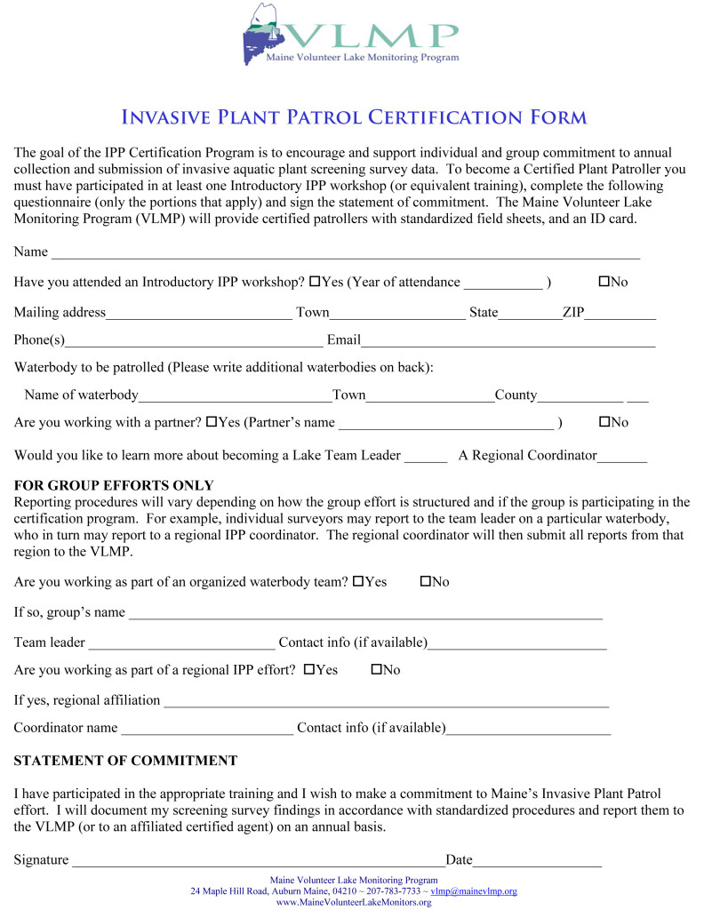 IPP Certification Form Lake Stewards of Maine